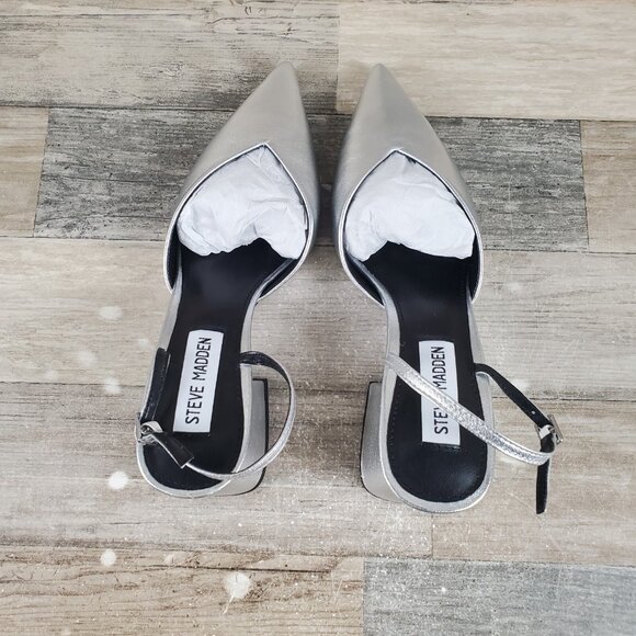 Steve Madden Courtnie Womens Pumps Sz 7 M Block Heel Silver Leather Slingback - Picture 5 of 12